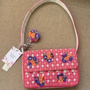 NWT Floral Flower Checkered Square Pattern Abstract Beaded Bag Made in India